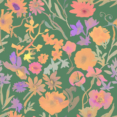 Seamless floral pattern with watercolor flowers. Botanical wallpaper with hand drawn flowers and leaves.