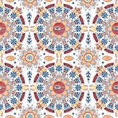 Egyptian ethnic seamless pattern, Ancient culture arabesque style. Geometric ornate, abstract lotus, eye of Horus. Watercolor illustration isolated from background. Ornament for textile, souvenirs