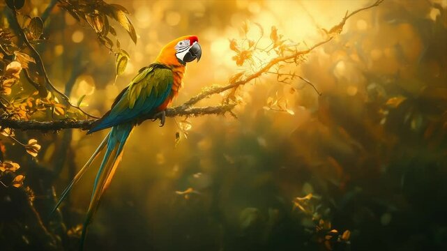 Vibrant parrot perched on branch, golden sunlight filters through leaves