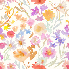 Seamless floral pattern with watercolor flowers. Botanical wallpaper with hand drawn flowers and leaves.