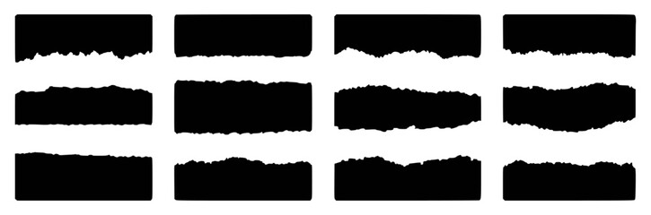 Set of black torn paper edge shapes on white background for design