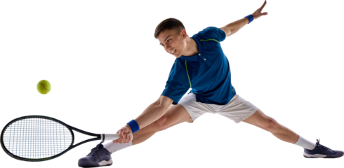 Young male tennis player lunges to return the ball during an intense match, on transparent background. Concept of sports advertising, tennis academy promotion and athletic gear branding