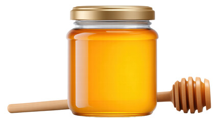 Honey jar isolated on transparent background with wooden honey dipper stick
