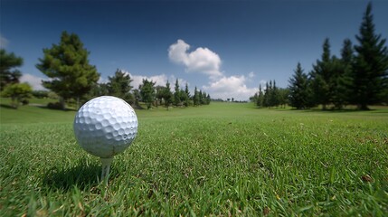 Perspective shot of golf ball on tee at center of pristine course