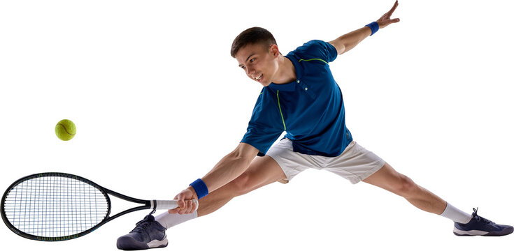 Young male tennis player lunges to return the ball during an intense match, on transparent background. Concept of sports advertising, tennis academy promotion and athletic gear branding - Powered by Adobe