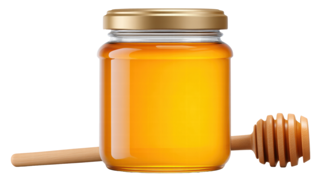 Honey jar isolated on transparent background with wooden honey dipper stick