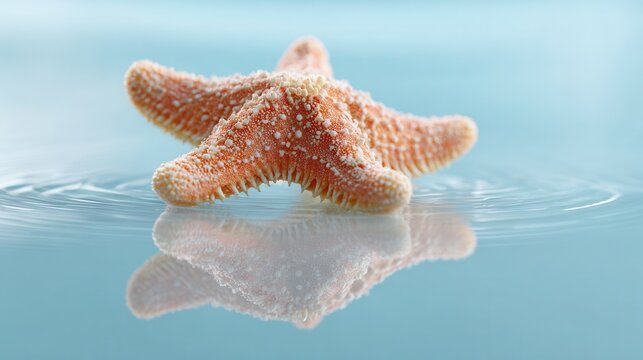 Close up of a vibrant orange starfish resting on rippling blue water