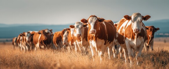 The herd of cows walking through a golden field under a clear sky.