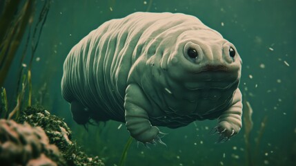 A creature from the deep, submerged in murky water.