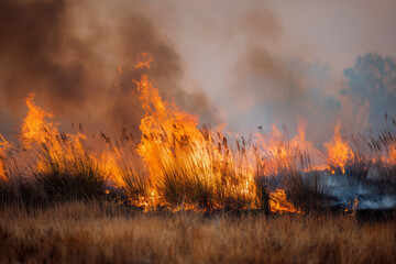Fototapeta premium A field of dry grass is on fire, with flames reaching high into the sky