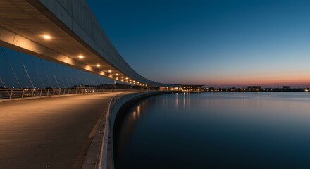 Fototapeta premium Serene Sunset Over Modern Bridge and Cityscape