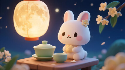 3D illustration of Mid-Autumn Festival with mooncake, rabbit, and moon