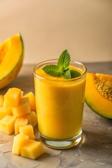Refreshing pale orange smoothie garnished with fresh mint next to ripe melon and mango chunks in a cozy setting