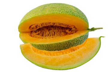 High Quality PNG Picture of cantaloupe melon isolated on white background, cross section.