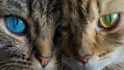 A detailed view of a feline's facial features, highlighting its striking blue eye color