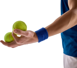 Side view of a player hand holding two yellow tennis balls, wearing a blue wristband. Isolated on transparent background. Concept of coaching materials for tennis, fitness blog content
