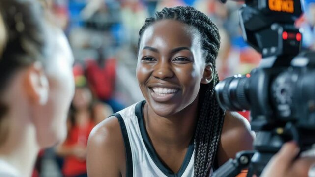 A smiling female tennis player holds a camera, ready to capture the moment