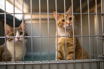 Two Cats in Cages with Soft Ambient Light in a Waiting Room Setting