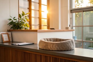 Cozy Reception Counter with Cat Bed and Morning Sunlight Pouring Through Glass Window