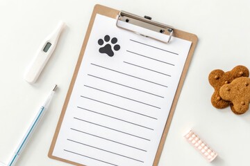 White Desk with Clip Board, Thermometer, Treats, and Pen for Pet Care Reminder