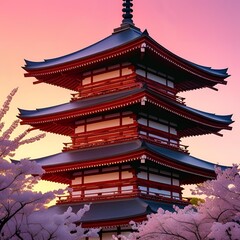 Fototapeta premium A vibrant pagoda with cherry blossoms against a colorful sunset sky in a serene landscape view