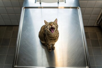Yawning Cat on a Bright Stainless Steel Counter from an Above Camera Angle