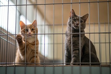 Adorable Cats in Cages Reaching Out with Paws in a Softly Lit Room Waiting for Adoption