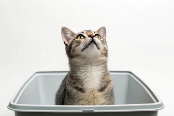 Cat Looking Up from Inside Tray with Plain Background in Focused and Quiet Scene