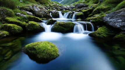 Serene Landscapes, Abstract Water, Calm Photography, Reflective Surfaces. Tranquil Waterfall: Serene Nature Landscape with Soft Cascading Water in a Peaceful Setting