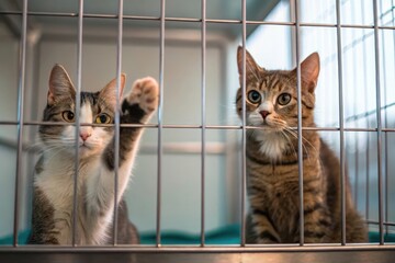 Adorable Cats Pawing through Cages in a Soft Ambient Light Waiting Room for Adoption