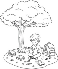 Boy reading book under tree coloring page for kids summer reading activity printable coloring sheet