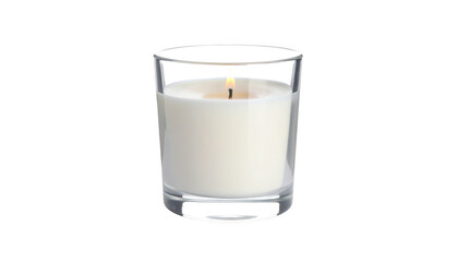 Burning white candle in clear glass container isolated on transparent background