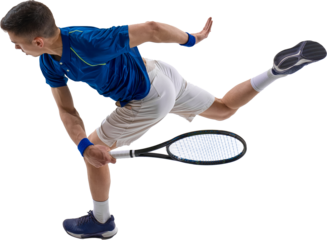 Tennis player in motion performing intense backhand stroke during game on court, on transparent background. Concept of posters for competitive spirit and drive, kinetic energy in human motion