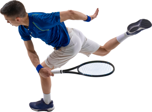 Tennis player in motion performing intense backhand stroke during game on court, on transparent background. Concept of posters for competitive spirit and drive, kinetic energy in human motion