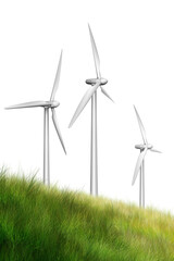 wind turbine on green grass/Eco-friendly wind power with turbines, grass hill, and clean energy.