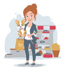 Happy Woman Shopping for Pet Supplies with Cute Dog in Cartoon Style