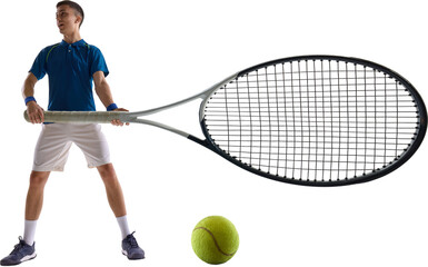 Man stands confidently on court holding huge tennis racket, facing tennis ball. Abstract concept of...