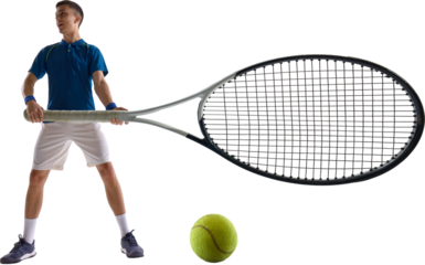 Man stands confidently on court holding huge tennis racket, facing tennis ball. Abstract concept of power in sports. Attention-grabbing visual for banner ads and billboards