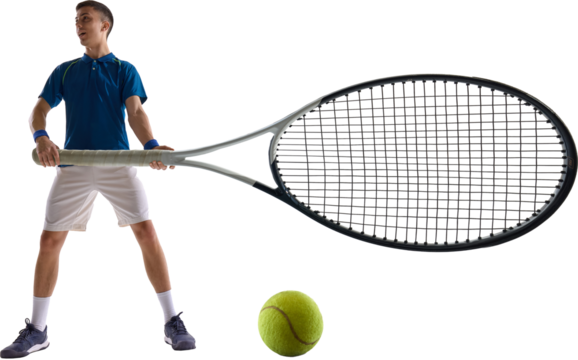 Man stands confidently on court holding huge tennis racket, facing tennis ball. Abstract concept of power in sports. Attention-grabbing visual for banner ads and billboards