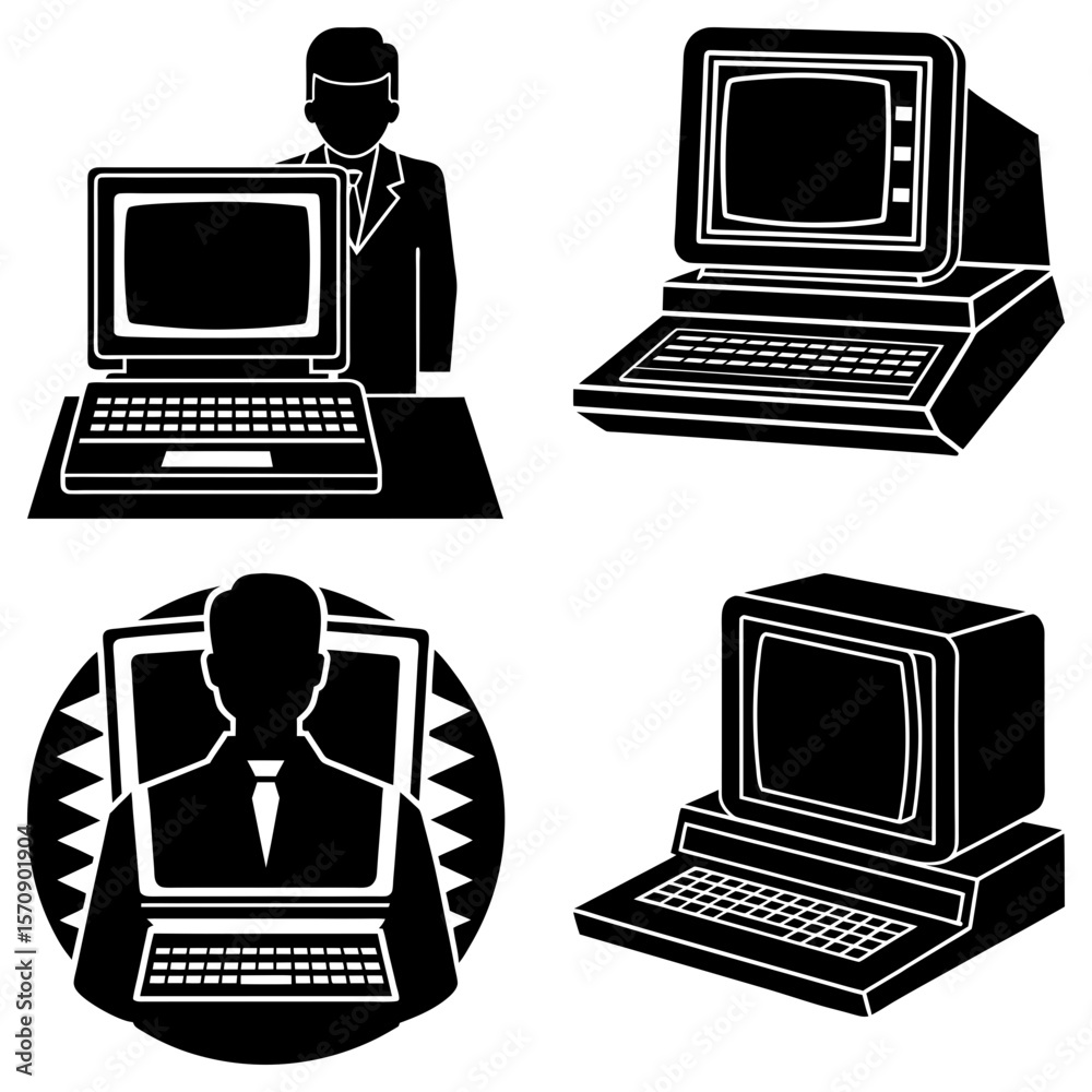 Fototapete four black and white illustrations of computers and people using computers in a graphic design layou