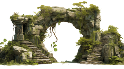 Stone archway with stairs and greenery leading to a dark void on a transparent background