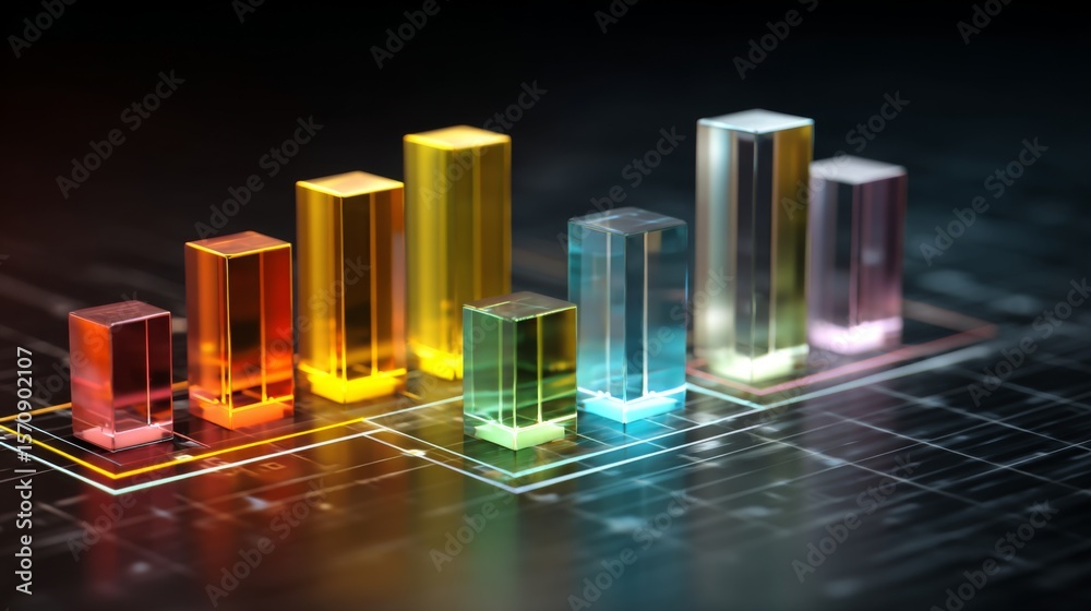 Poster d bar graph with transparent bars on a digital grid, glowing neon lines on the base, creating a high
