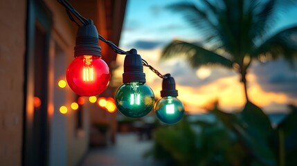 Vibrant string lights glow warmly against a tropical backdrop of palm trees and a colorful sunset.