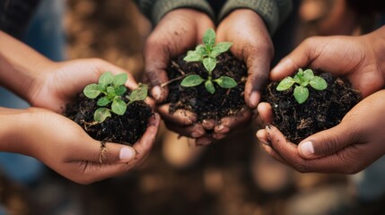 The hands of children nurturing seedlings for a sustainable future.
