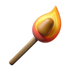 3d burning matchstick with flame isolated on transparent background