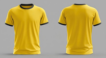 Yellow short-sleeved crewneck ringer t-shirt, front and back views, showcasing a solid yellow body with a contrasting black ribbed neckline and sleeve cuffs, on a neutral grey background