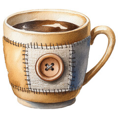 Cozy Coffee Mug: A charming illustration of a warm coffee mug, adorned with a patchwork design and a large button detail, exudes a cozy and comforting atmosphere.