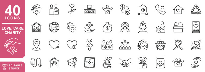 love care charity - line icon set. Editable stroke. The set contains icons: Charity, Donation, A Helping Hand, Scholarship, Volunteer, Heart Shape, Fundraising.