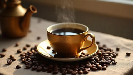 Golden cup of hot black coffee.