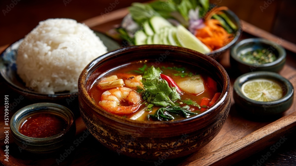 Poster an artistic arrangement of a bowl of tom yum soup with fresh shrimp and colorful vegetables, complem